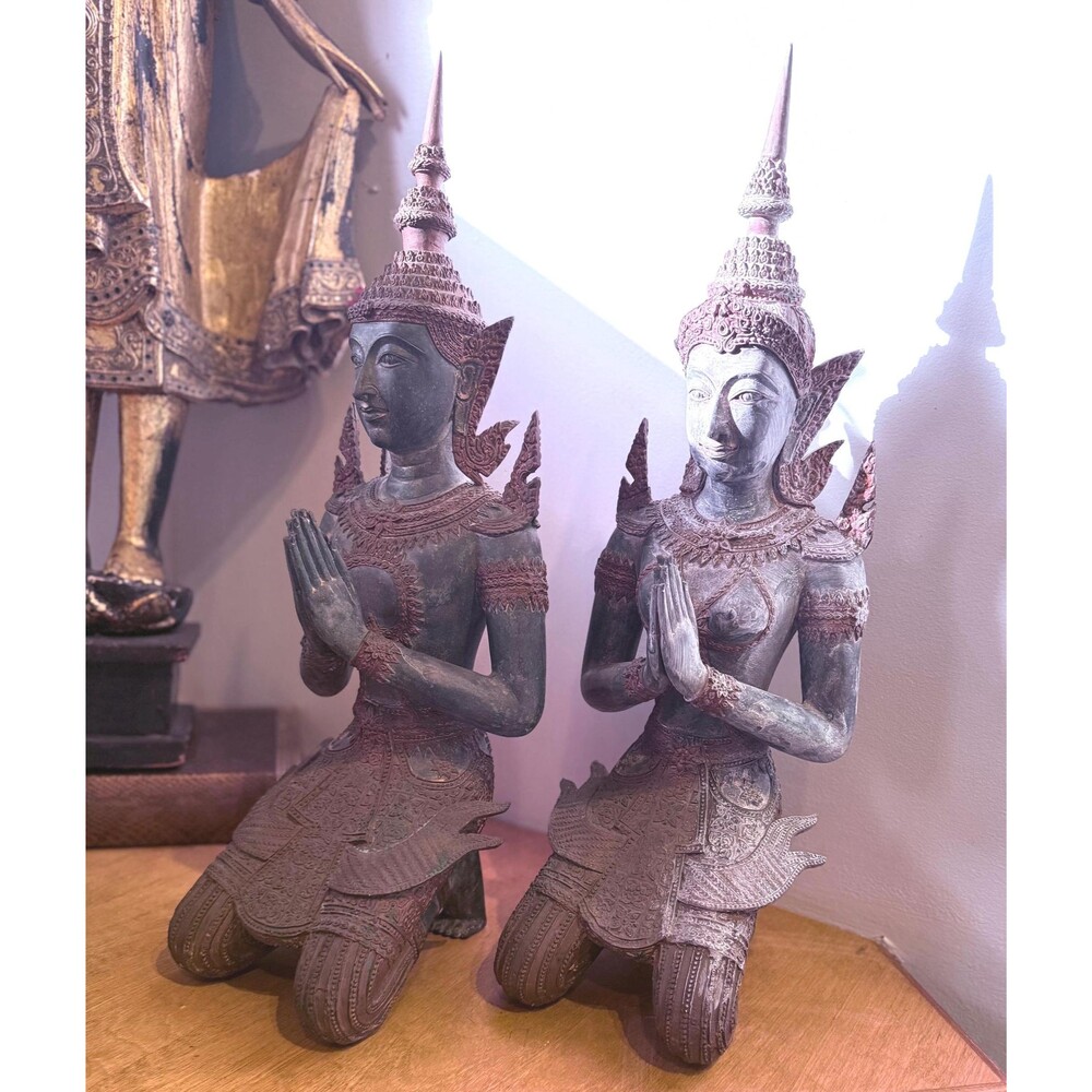 Thai Thepanom Kneeling Guardian Figures Hand-Cast Bronze Art - Southeast Asian